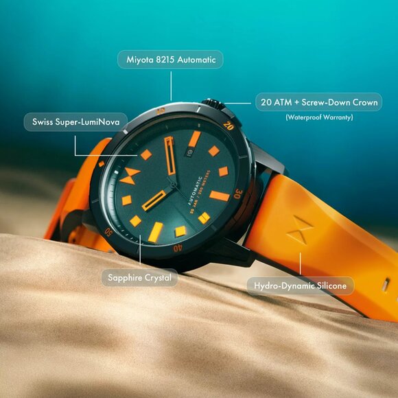 MVMT Men's Minimal Sport Automatic Orange Silicone Strap Watch 45mm - Picture 6 of 7